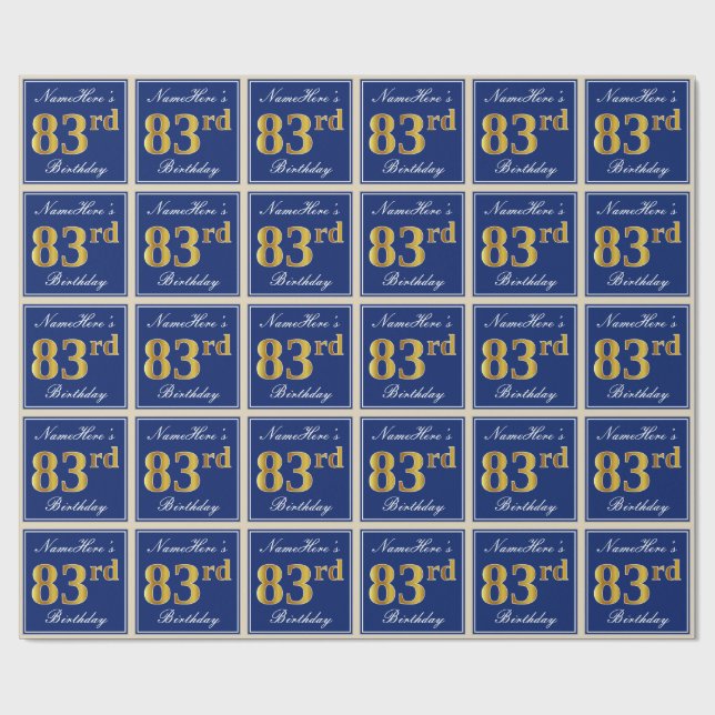 Elegant, blau, Imitate Gold 83. Geburtstag + Name Geschenkpapier (Flach)