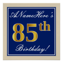 Elegant, blau, Imitate Gold 85. Geburtstag + Name Poster