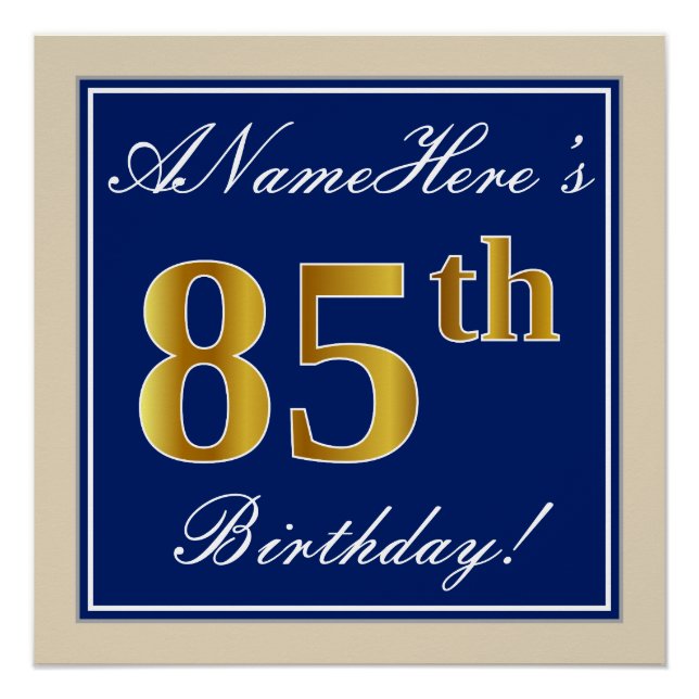 Elegant, blau, Imitate Gold 85. Geburtstag + Name Poster (Vorderseite)