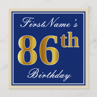 Elegant, blau, Imitate Gold 86. Geburtstag + Name Einladung