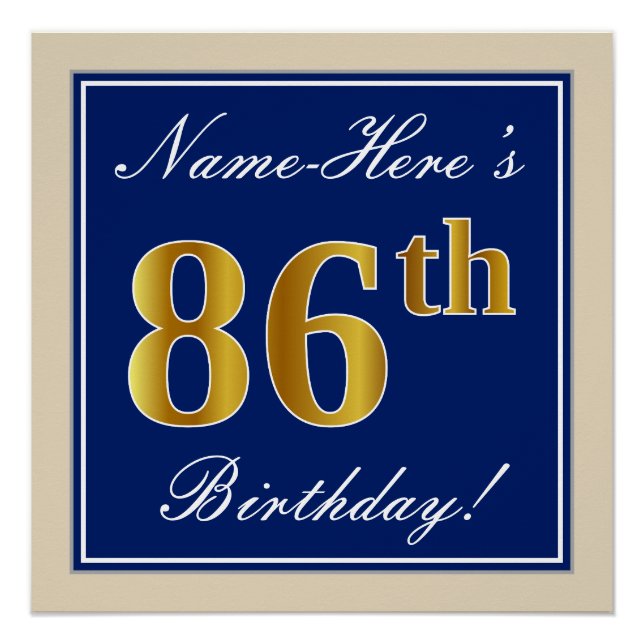 Elegant, blau, Imitate Gold 86. Geburtstag + Name Poster (Vorderseite)