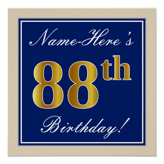Elegant, blau, Imitate Gold 88. Geburtstag + Name Poster (Vorderseite)