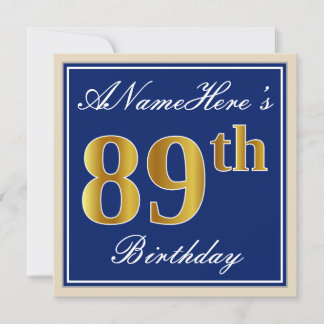 Elegant, blau, Imitate Gold 89. Geburtstag + Name Einladung