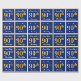 Elegant, blau, Imitate Gold 90. Geburtstag + Name Geschenkpapier