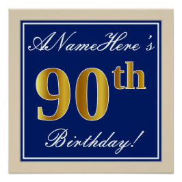 Elegant, blau, Imitate Gold 90. Geburtstag + Name Poster