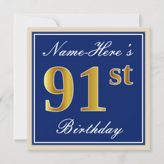 Elegant, blau, Imitate Gold 91. Geburtstag + Name Einladung