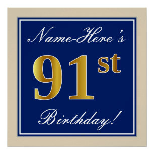 Elegant, blau, Imitate Gold 91. Geburtstag + Name Poster