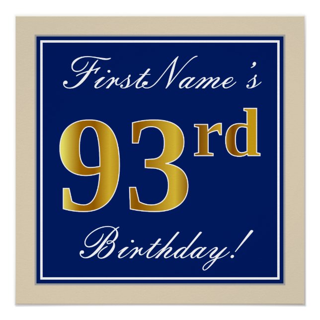 Elegant, blau, Imitate Gold 93. Geburtstag + Name Poster (Vorderseite)