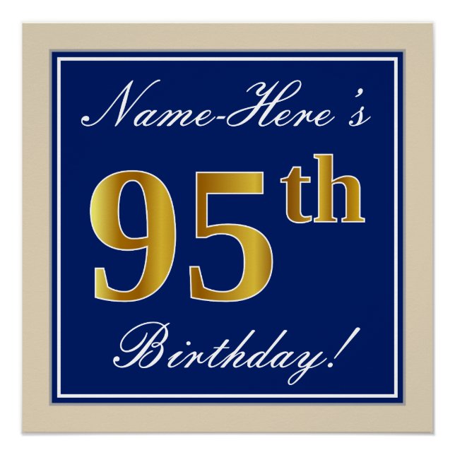 Elegant, blau, Imitate Gold 95. Geburtstag + Name Poster (Vorderseite)