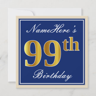 Elegant, blau, Imitate Gold 99. Geburtstag + Name Einladung