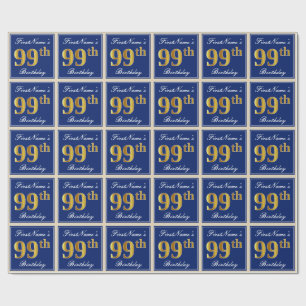Elegant, blau, Imitate Gold 99. Geburtstag + Name Geschenkpapier