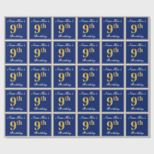 Elegant, blau, Imitate Gold 9. Geburtstag; Individ Geschenkpapier