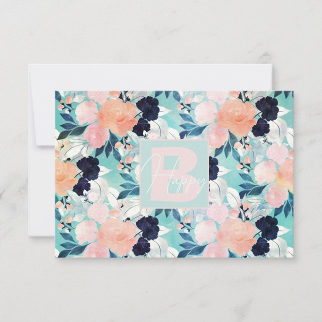 Elegant Blau Rosa Minze Blume Wasserfarben Dankeskarte (Vorderseite)