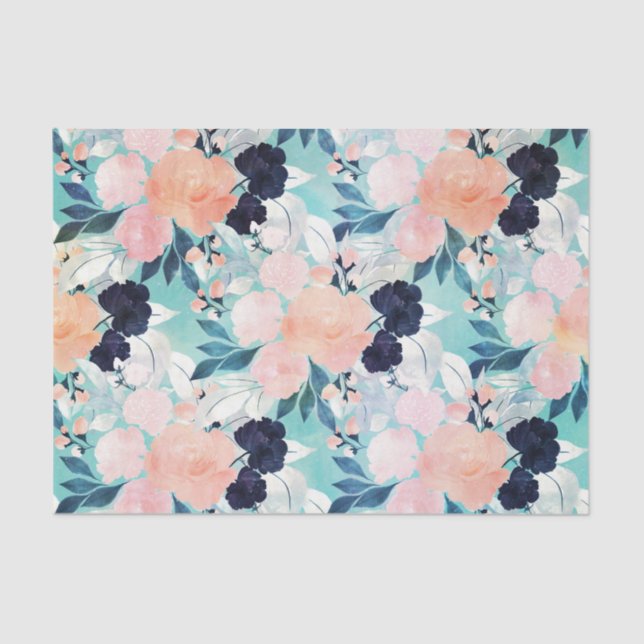 Elegant Blau Rosa Minze Blume Wasserfarben Seidenpapier (Vorderseite)