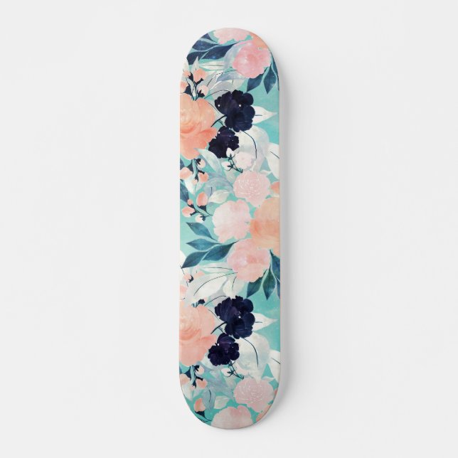 Elegant Blau Rosa Minze Blume Wasserfarben Skateboard (Vorne)