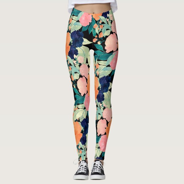 Elegant Blau Rosa Orange Blume Schwarzes Blau Leggings (Vorderseite)
