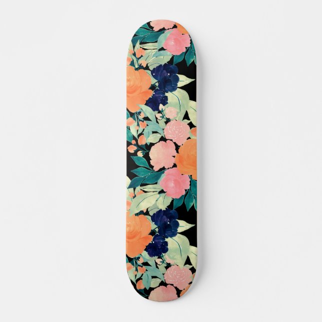 Elegant Blau Rosa Orange Blume Schwarzes Blau Skateboard (Vorne)