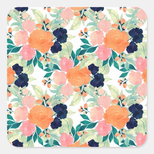 Elegant Blau Rosa Orange Blume Wasserfarben Quadratischer Aufkleber (Vorderseite)
