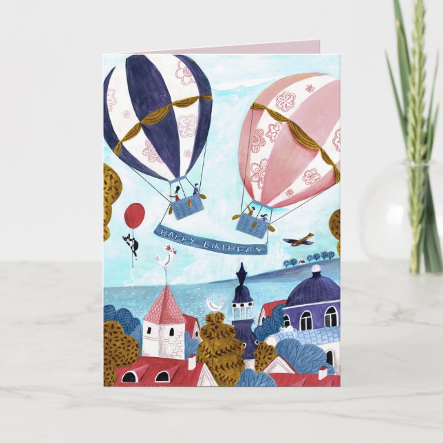 Elegant blau & rot Hot Air Ballon Happy Birthday Karte (Vorderseite)