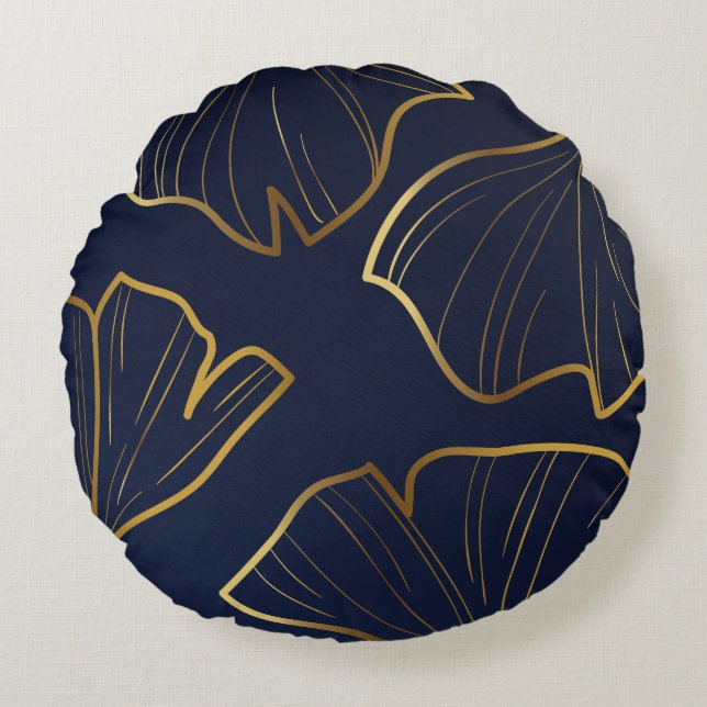 Elegant Blau und Gold Floral Rundes Kissen (Vorderseite)