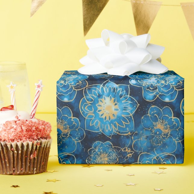 Elegant Blau und Gold Floral - Stilvoll botanisch Geschenkpapier (Geburtstagsparty)