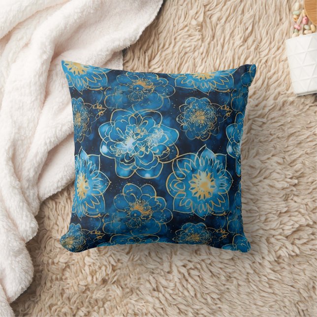 Elegant Blau und Gold Floral - Stilvoll botanisch Kissen (Decke)