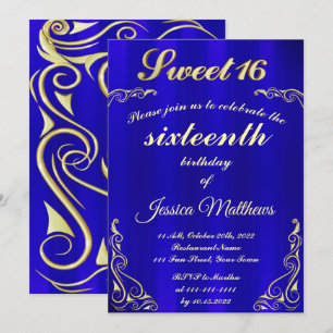 Elegant Blau und Gold Typografie Sweet 16 Einladung
