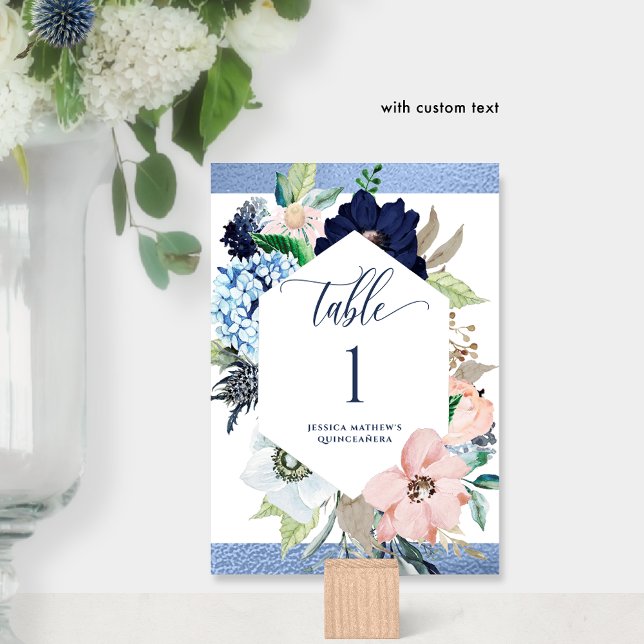 Elegant Blau und Rosa Flora Quinceñera Tischnummer (Von Creator hochgeladen)