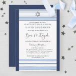 Elegant Blau und Weiß Streifen Tallit Bar Mitzvah Einladung<br><div class="desc">Mit dieser Bar Mitzvah-Einladung laden Sie Freunde und Familie mit einem blau-weiß gestreiften Tallit-Design ein! Mit Streifen in blass-blauen, silberweißen und marineblauen Tönen. Die Möglichkeit, Ihre Zeremonie und Empfang, Mittag, Abendessen oder Party Details hinzuzufügen! Wasserfarbene Himmelskarte mit Sternbildern am unteren Rand. Silberstreifen und Stern von David in Imitaten Silberfolie. Moderne...</div>