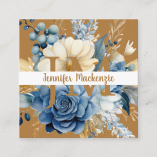 Elegant Blau Weiß und Gold Floral Quadratische Visitenkarte