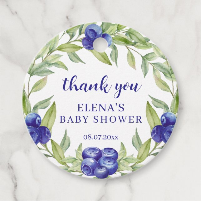 Elegant Blaubeeren-Baby-Shower-Süßes-Dankeschön Geschenkanhänger (Vorderseite)