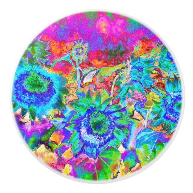 Elegant blaue aquamarine bohobige Sonnenblumen Keramikknauf (Vorderseite)