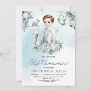 Elegant-blaue Blume Salbei Erste Kommunion Einladung