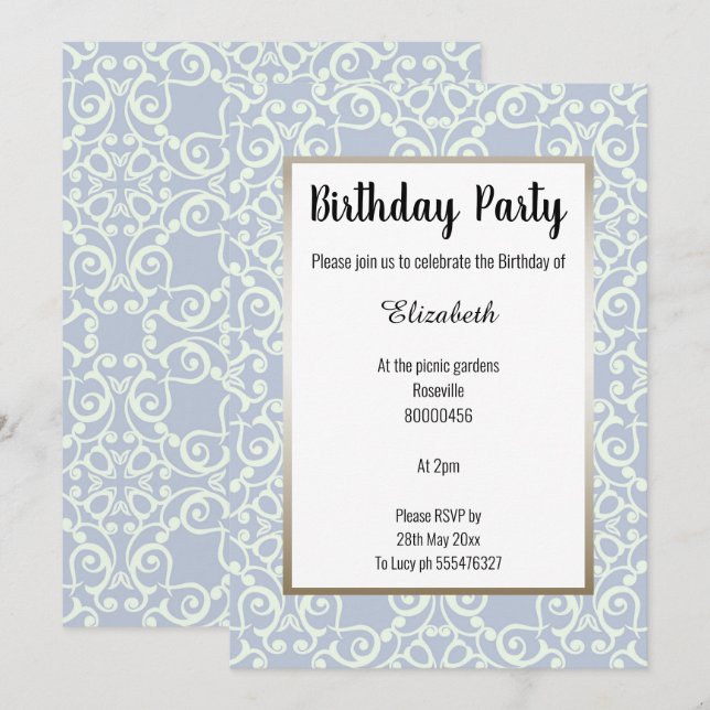 ELEGANT BLAUE BRONZE PATTERN GEBURTSTAG EINLADUNG (Vorne/Hinten)