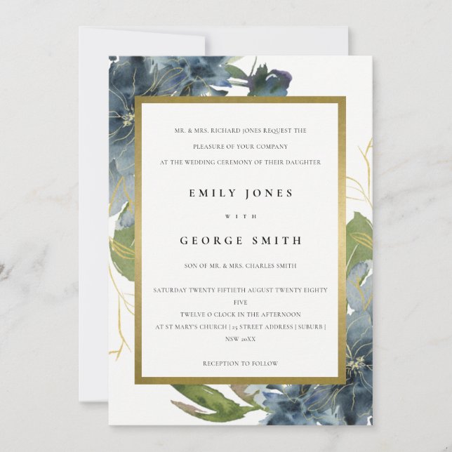 ELEGANT BLAUE GREEN GOLD FLORAL WEDING INVITE DANKESKARTE (Vorderseite)
