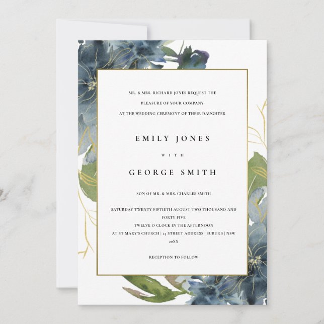 ELEGANT BLAUE GREEN GOLD FLORAL WEDING INVITE DANKESKARTE (Vorderseite)