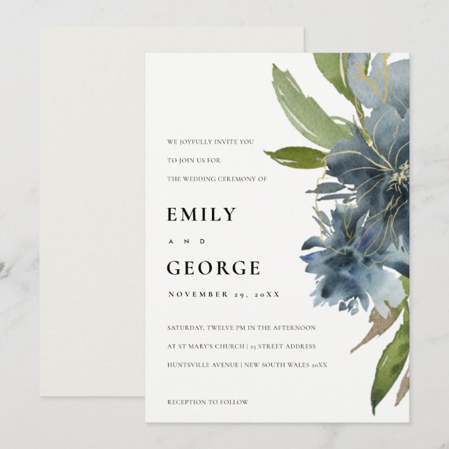 ELEGANT BLAUE GREEN GOLD FLORAL WEDING INVITE DANKESKARTE (Vorne/Hinten)
