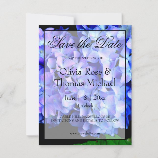 Elegant blaue lila Blumenhydrangeas Save The Date (Vorderseite)