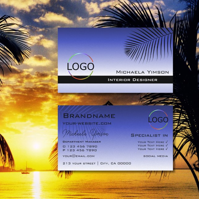 Elegant Blauer Gradient Palm Leaf mit Logo Stilvol Visitenkarte (Von Creator hochgeladen)