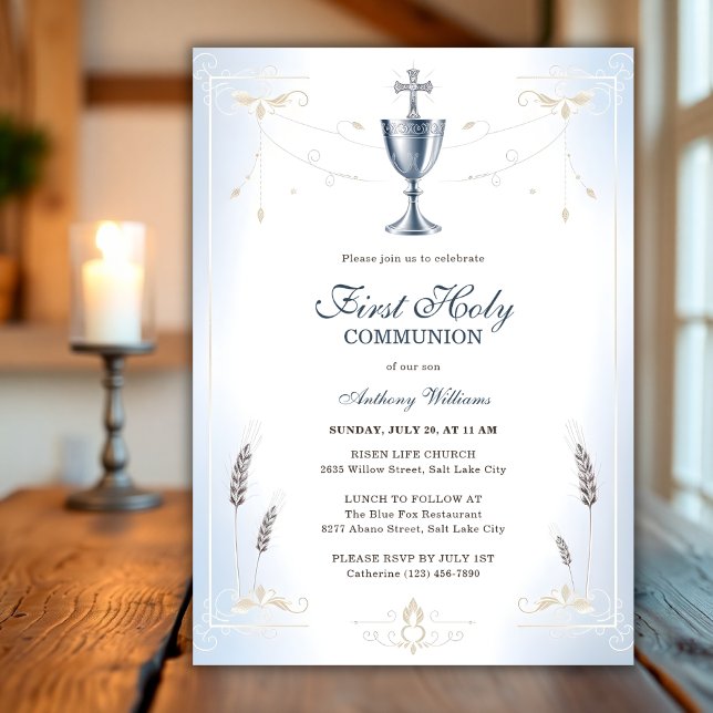 Elegant Blauer Katholischer Junge Erste Heilige Ko Einladung (Elegant Blue Catholic Boy First Holy Communion Invitation)