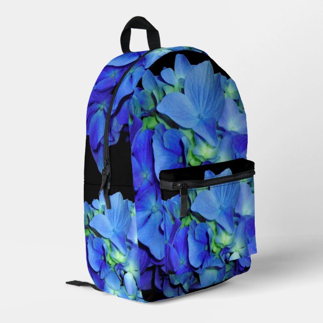 Elegant bläulich blühende Rose Blaue Hydrangeas Bedruckter Rucksack (Rückseitige Ecke links)
