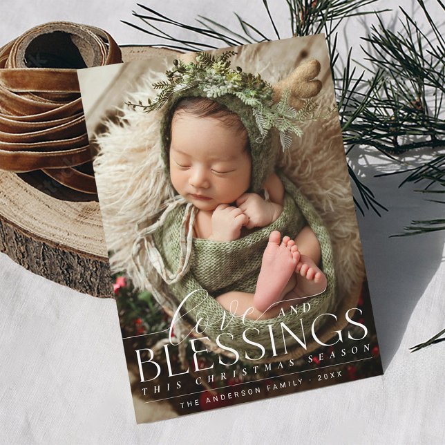 Elegant Blessing Foto Greenery Baby 1. Weihnachten (Love and blessings Merry Christmas full bleed photo botanical greenery simple elegant Holiday card)
