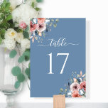 Elegant Blissful Floral Dusty Blue Wedding Tischnummer<br><div class="desc">Elegante staubblaue Tischnummer mit handgemalten Aquarellbouquets in einer Kombination aus rosa,  staubigen Rose,  Elfenbein,  blauen und staubigen Blautönen. Verwendung von anmutigen modernen handgeschriebenen Kalligraphie. Teil unserer "Blissful Floral" Hochzeit- und Veranstaltungskollektion.</div>