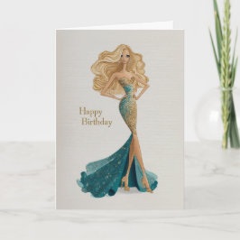 Elegant Blonde in Gold & Teal Gown Glam BDay Karte