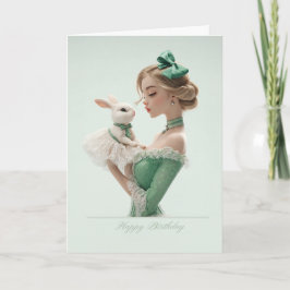 Elegant Blonde in Green w/ Pretty Bunny BDay Card Karte