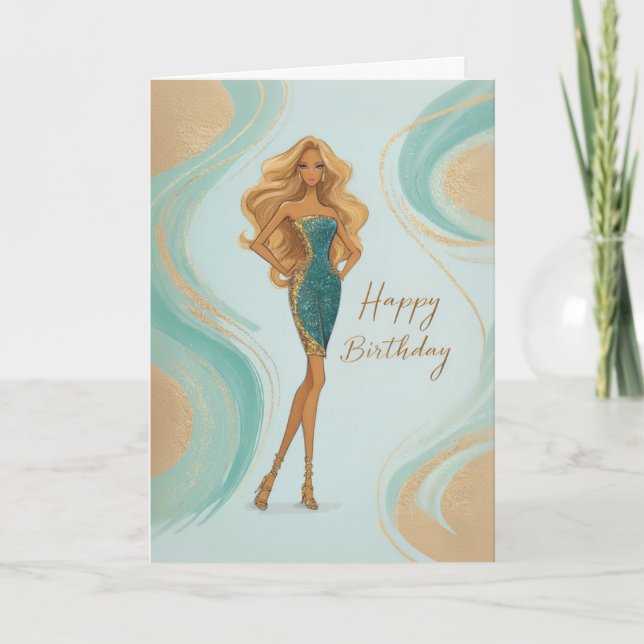 Elegant Blonde in Teal Gold Glam Gown Birthday Karte (Vorderseite)