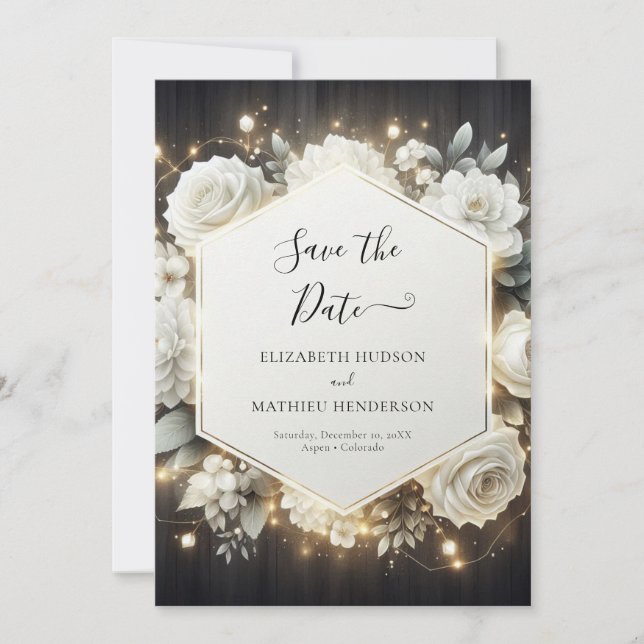 Elegant Bloom White Roses Wedding Save The Date (Vorderseite)