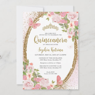 Elegant Bloral Rosa Gold Tiara Quinceañera Einladung