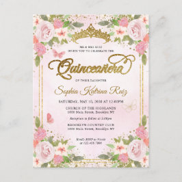 Elegant Bloral Rosa Gold Tiara Quinceañera Postkarte