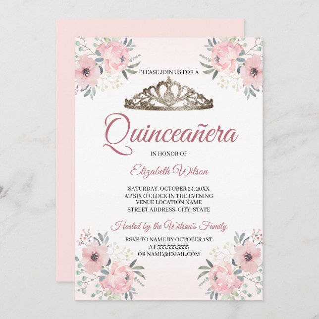 Elegant Bloral Rosa Quinceanera Einladung (Vorne/Hinten)